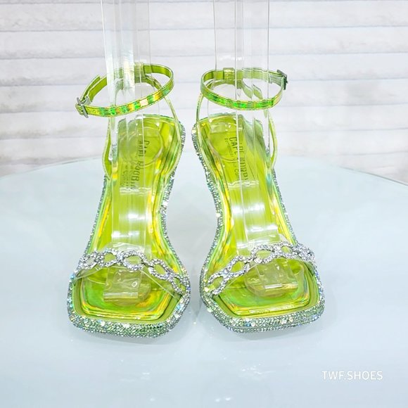Mini .5" Rhinestone Platform Lime Green Hologram Upper Wrap Strap Heels Baily - Picture 11 of 17